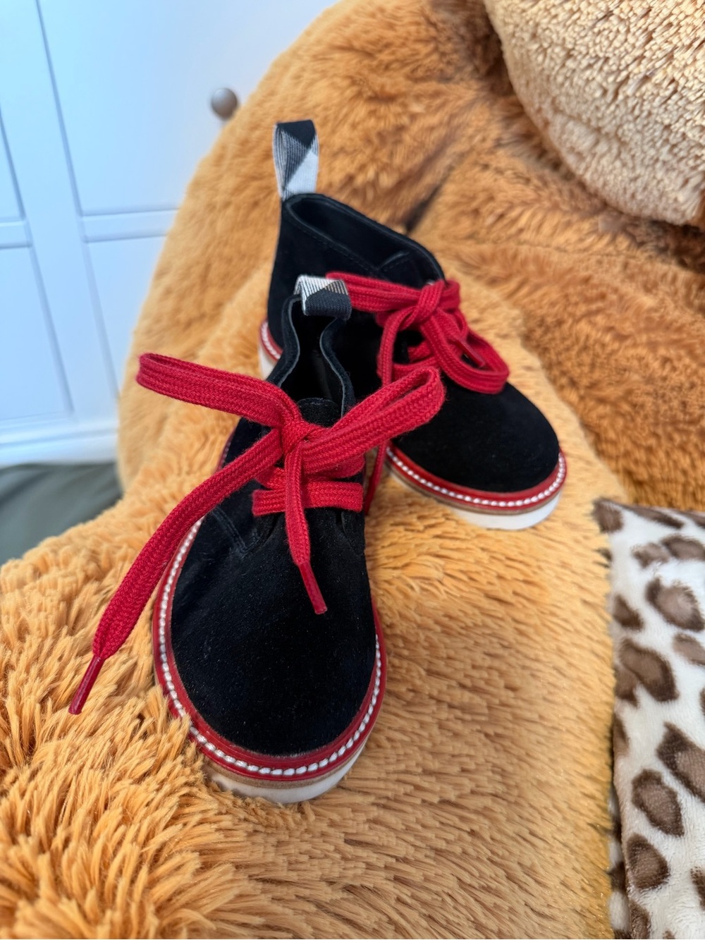 Burberry Black Suede Kids Boots with Red Laces